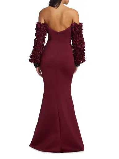 Badgley Mischka Women's Floral Appliqué Off-The-Shoulder Gown - Wine | Thumbnail 4 Badgley Mischka Women's Floral Appliqué Off-The-Shoulder Gown - Wine | Thumbnail 4