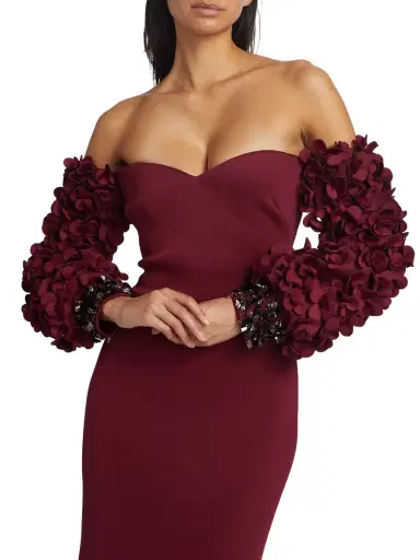 Badgley Mischka Women's Floral Appliqué Off-The-Shoulder Gown - Wine | Thumbnail 5 Badgley Mischka Women's Floral Appliqué Off-The-Shoulder Gown - Wine | Thumbnail 5