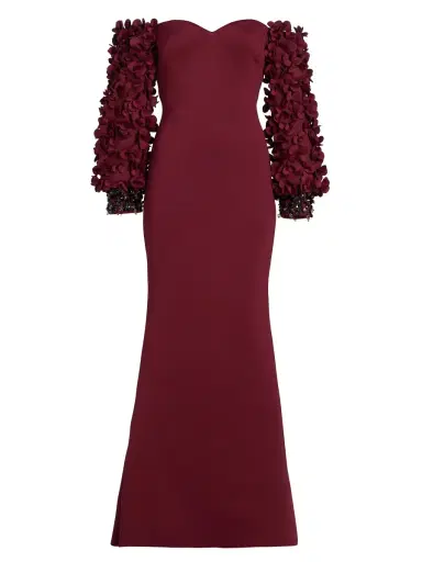 Badgley Mischka Women's Floral Appliqué Off-The-Shoulder Gown - Wine | Thumbnail 7 Badgley Mischka Women's Floral Appliqué Off-The-Shoulder Gown - Wine | Thumbnail 7
