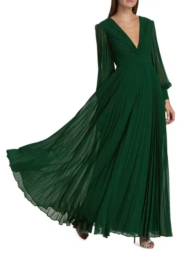 Badgley Mischka Women's Pleated V-Neck Gown - Dark Emerald | Thumbnail 2 Badgley Mischka Women's Pleated V-Neck Gown - Dark Emerald | Thumbnail 2
