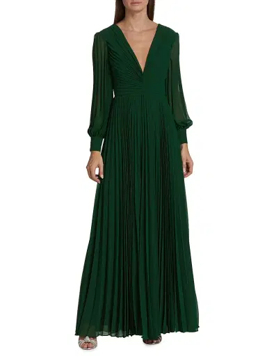 Badgley Mischka Women's Pleated V-Neck Gown - Dark Emerald | Thumbnail 3 Badgley Mischka Women's Pleated V-Neck Gown - Dark Emerald | Thumbnail 3