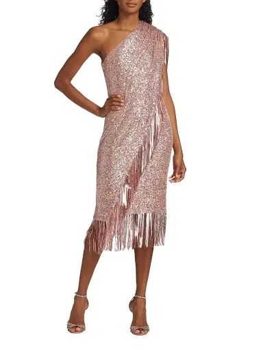 Badgley Mischka Women's Sequin Fringe One-Shoulder Midi Dress - Blush | Thumbnail 2 Badgley Mischka Women's Sequin Fringe One-Shoulder Midi Dress - Blush | Thumbnail 2