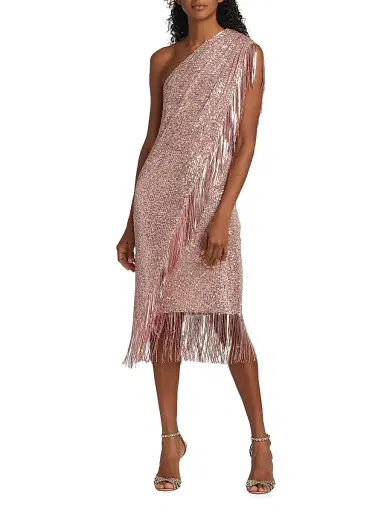 Badgley Mischka Women's Sequin Fringe One-Shoulder Midi Dress - Blush | Thumbnail 3 Badgley Mischka Women's Sequin Fringe One-Shoulder Midi Dress - Blush | Thumbnail 3