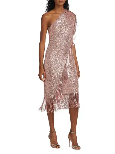 Badgley Mischka Women's Sequin Fringe One-Shoulder Midi Dress - Blush | Thumbnail 4 Badgley Mischka Women's Sequin Fringe One-Shoulder Midi Dress - Blush | Thumbnail 4