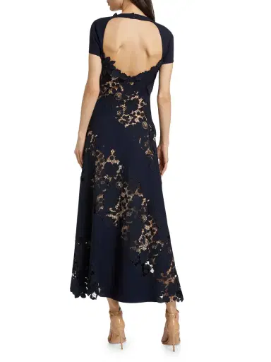 Oscar de la Renta Women's Wool Botanical Guipure Inset Maxi Dress - Navy | Thumbnail 4 Oscar de la Renta Women's Wool Botanical Guipure Inset Maxi Dress - Navy | Thumbnail 4