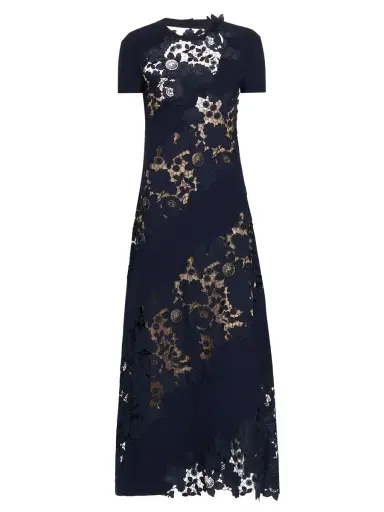 Oscar de la Renta Women's Wool Botanical Guipure Inset Maxi Dress - Navy | Thumbnail 7 Oscar de la Renta Women's Wool Botanical Guipure Inset Maxi Dress - Navy | Thumbnail 7