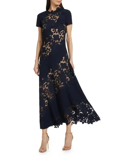 Oscar de la Renta Women's Wool Botanical Guipure Inset Maxi Dress - Navy | Thumbnail 1 Oscar de la Renta Women's Wool Botanical Guipure Inset Maxi Dress - Navy | Thumbnail 1