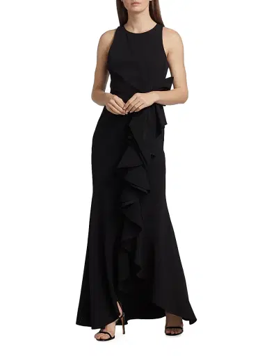 Badgley Mischka Women's Odessa Asymmetric Sleeveless Column Ruffle-Skirt Gown - Black | Thumbnail 2 Badgley Mischka Women's Odessa Asymmetric Sleeveless Column Ruffle-Skirt Gown - Black | Thumbnail 2