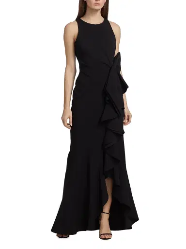 Badgley Mischka Women's Odessa Asymmetric Sleeveless Column Ruffle-Skirt Gown - Black | Thumbnail 3 Badgley Mischka Women's Odessa Asymmetric Sleeveless Column Ruffle-Skirt Gown - Black | Thumbnail 3