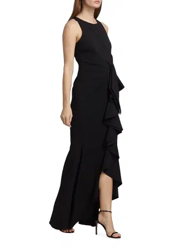 Badgley Mischka Women's Odessa Asymmetric Sleeveless Column Ruffle-Skirt Gown - Black | Thumbnail 4 Badgley Mischka Women's Odessa Asymmetric Sleeveless Column Ruffle-Skirt Gown - Black | Thumbnail 4