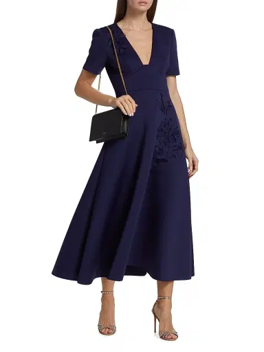 Badgley Mischka Women's Laser-Cut Floral Fit-&-Flare Dress - Navy | Thumbnail 2 Badgley Mischka Women's Laser-Cut Floral Fit-&-Flare Dress - Navy | Thumbnail 2