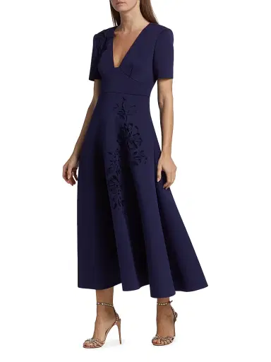 Badgley Mischka Women's Laser-Cut Floral Fit-&-Flare Dress - Navy | Thumbnail 4 Badgley Mischka Women's Laser-Cut Floral Fit-&-Flare Dress - Navy | Thumbnail 4