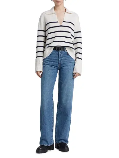 Jenni Kayne Women's Frances Striped Cashmere Polo Sweater - Ivory Navy - Size XL | Thumbnail 2 Jenni Kayne Women's Frances Striped Cashmere Polo Sweater - Ivory Navy - Size XL | Thumbnail 2