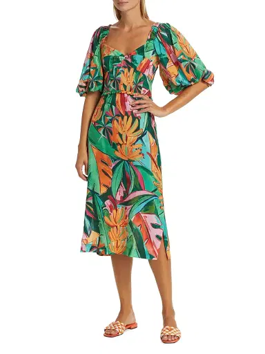 Farm Rio Women's Banana Foliage Puff-Sleeve Cotton Voile Midi-Dress | Thumbnail 2 Farm Rio Women's Banana Foliage Puff-Sleeve Cotton Voile Midi-Dress | Thumbnail 2