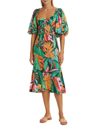 Farm Rio Women's Banana Foliage Puff-Sleeve Cotton Voile Midi-Dress | Thumbnail 3 Farm Rio Women's Banana Foliage Puff-Sleeve Cotton Voile Midi-Dress | Thumbnail 3