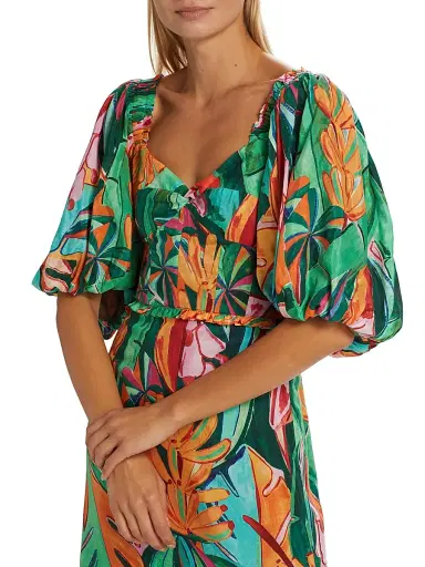 Farm Rio Women's Banana Foliage Puff-Sleeve Cotton Voile Midi-Dress | Thumbnail 6 Farm Rio Women's Banana Foliage Puff-Sleeve Cotton Voile Midi-Dress | Thumbnail 6