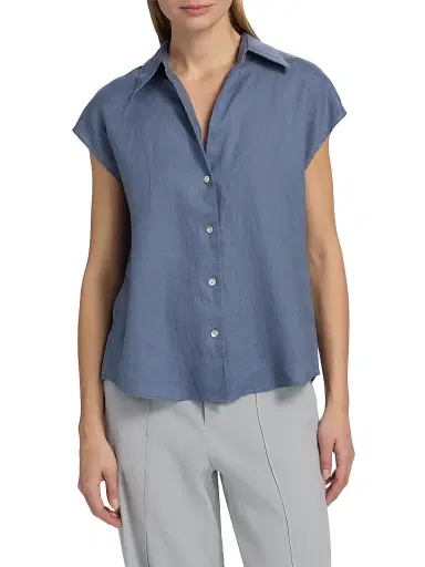 Vince Women's Linen Cap-Sleeve Blouse - Azul | Thumbnail 3 Vince Women's Linen Cap-Sleeve Blouse - Azul | Thumbnail 3