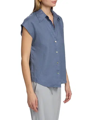 Vince Women's Linen Cap-Sleeve Blouse - Azul | Thumbnail 4 Vince Women's Linen Cap-Sleeve Blouse - Azul | Thumbnail 4