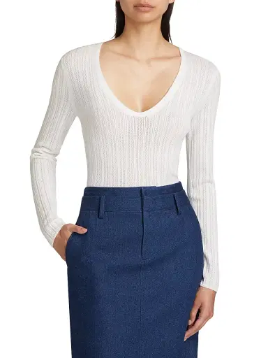 Vince Women's Pointelle Wool-Blend V-Neck Sweater - Off White | Thumbnail 3 Vince Women's Pointelle Wool-Blend V-Neck Sweater - Off White | Thumbnail 3