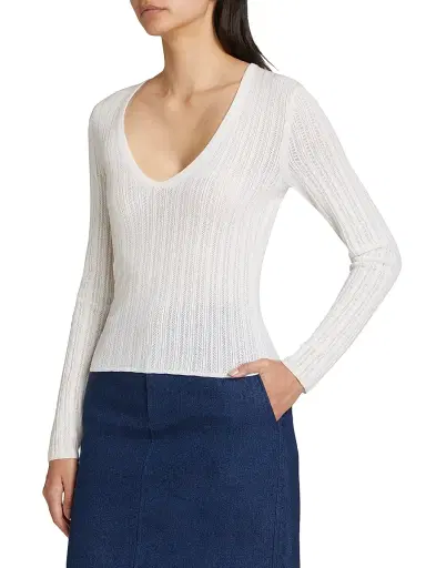 Vince Women's Pointelle Wool-Blend V-Neck Sweater - Off White | Thumbnail 4 Vince Women's Pointelle Wool-Blend V-Neck Sweater - Off White | Thumbnail 4