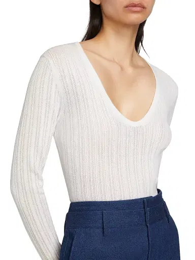 Vince Women's Pointelle Wool-Blend V-Neck Sweater - Off White | Thumbnail 6 Vince Women's Pointelle Wool-Blend V-Neck Sweater - Off White | Thumbnail 6