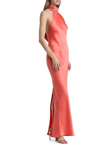 Ramy Brook Women's Tatiana High-Neck Satin Gown - Coral | Thumbnail 2 Ramy Brook Women's Tatiana High-Neck Satin Gown - Coral | Thumbnail 2