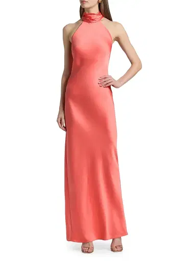 Ramy Brook Women's Tatiana High-Neck Satin Gown - Coral | Thumbnail 3 Ramy Brook Women's Tatiana High-Neck Satin Gown - Coral | Thumbnail 3