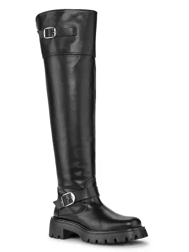 Stuart Weitzman Women's Emerson 50MM Buckle-Accented Leather Tall Boots - Black | Thumbnail 2 Stuart Weitzman Women's Emerson 50MM Buckle-Accented Leather Tall Boots - Black | Thumbnail 2
