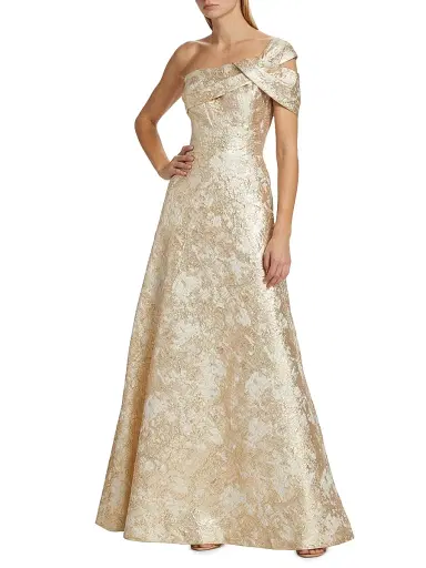 Teri Jon by Rickie Freeman Women's Metallic Jacquard One-Shoulder Gown - Ivory Gold - Size 10 | Thumbnail 2 Teri Jon by Rickie Freeman Women's Metallic Jacquard One-Shoulder Gown - Ivory Gold - Size 10 | Thumbnail 2