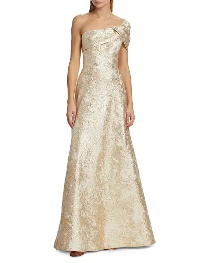 Teri Jon by Rickie Freeman Women's Metallic Jacquard One-Shoulder Gown - Ivory Gold - Size 10 | Thumbnail 3 Teri Jon by Rickie Freeman Women's Metallic Jacquard One-Shoulder Gown - Ivory Gold - Size 10 | Thumbnail 3