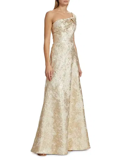 Teri Jon by Rickie Freeman Women's Metallic Jacquard One-Shoulder Gown - Ivory Gold - Size 10 | Thumbnail 4 Teri Jon by Rickie Freeman Women's Metallic Jacquard One-Shoulder Gown - Ivory Gold - Size 10 | Thumbnail 4