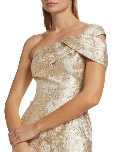 Teri Jon by Rickie Freeman Women's Metallic Jacquard One-Shoulder Gown - Ivory Gold - Size 10 | Thumbnail 6 Teri Jon by Rickie Freeman Women's Metallic Jacquard One-Shoulder Gown - Ivory Gold - Size 10 | Thumbnail 6