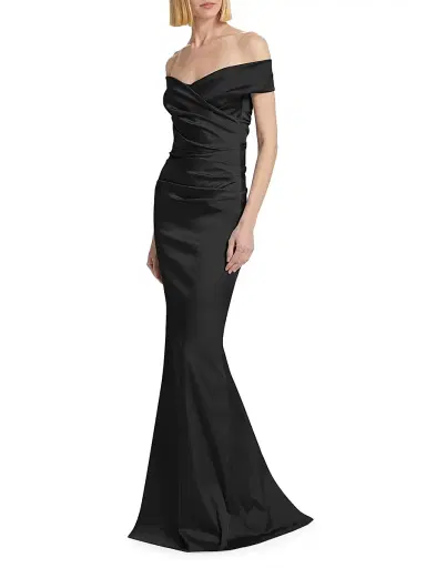 Teri Jon by Rickie Freeman Women's Off-The-Shoulder Ruched Satin Gown - Black - Size 14 | Thumbnail 2 Teri Jon by Rickie Freeman Women's Off-The-Shoulder Ruched Satin Gown - Black - Size 14 | Thumbnail 2