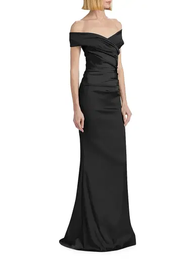 Teri Jon by Rickie Freeman Women's Off-The-Shoulder Ruched Satin Gown - Black - Size 14 | Thumbnail 4 Teri Jon by Rickie Freeman Women's Off-The-Shoulder Ruched Satin Gown - Black - Size 14 | Thumbnail 4