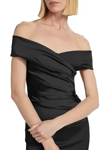 Teri Jon by Rickie Freeman Women's Off-The-Shoulder Ruched Satin Gown - Black - Size 14 | Thumbnail 6 Teri Jon by Rickie Freeman Women's Off-The-Shoulder Ruched Satin Gown - Black - Size 14 | Thumbnail 6
