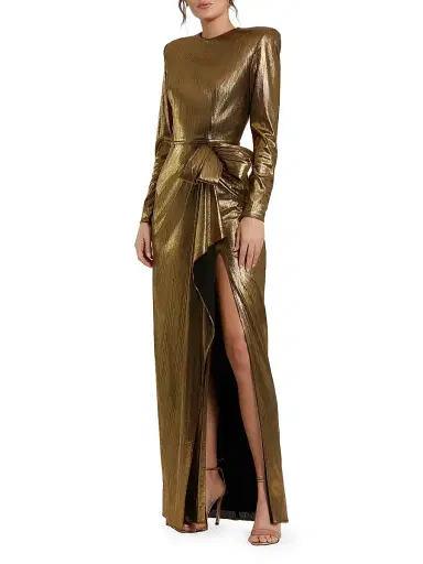 Mac Duggal Women's Metallic Jersey Bow A-Line Gown - Antique Gold | Thumbnail 1 Mac Duggal Women's Metallic Jersey Bow A-Line Gown - Antique Gold | Thumbnail 1