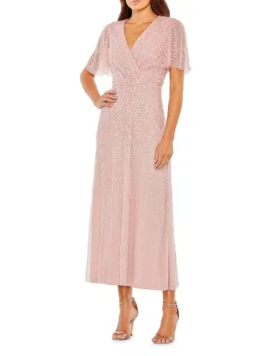 Mac Duggal Women's Beaded Sheath Short-Sleeve Midi-Dress - Rose | Thumbnail 1 Mac Duggal Women's Beaded Sheath Short-Sleeve Midi-Dress - Rose | Thumbnail 1
