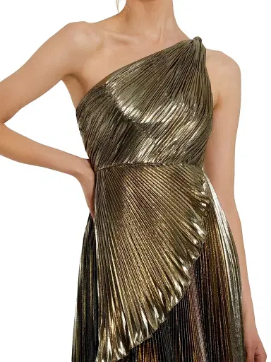 Mac Duggal Women's Metallic Pleated One-Shoulder Faux-Wrap Gown - Gold | Thumbnail 3 Mac Duggal Women's Metallic Pleated One-Shoulder Faux-Wrap Gown - Gold | Thumbnail 3