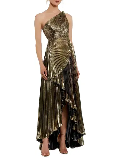 Mac Duggal Women's Metallic Pleated One-Shoulder Faux-Wrap Gown - Gold | Thumbnail 1 Mac Duggal Women's Metallic Pleated One-Shoulder Faux-Wrap Gown - Gold | Thumbnail 1