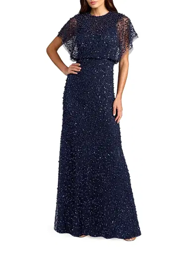 Mac Duggal Women's Beaded Sequin Shawl Gown - Midnight | Thumbnail 1 Mac Duggal Women's Beaded Sequin Shawl Gown - Midnight | Thumbnail 1