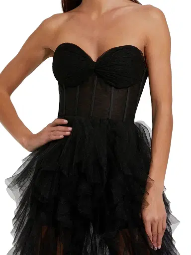 Mac Duggal Women's Tulle Strapless Bustier Ruffled Gown - Black | Thumbnail 3 Mac Duggal Women's Tulle Strapless Bustier Ruffled Gown - Black | Thumbnail 3