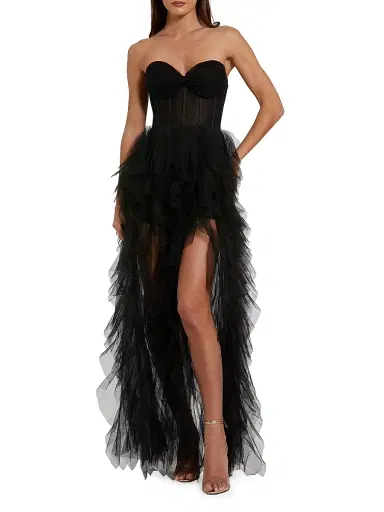 Mac Duggal Women's Tulle Strapless Bustier Ruffled Gown - Black | Thumbnail 1 Mac Duggal Women's Tulle Strapless Bustier Ruffled Gown - Black | Thumbnail 1
