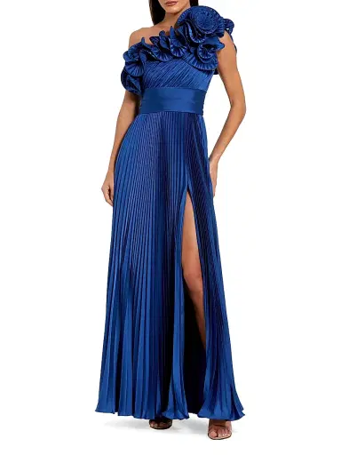 Mac Duggal Women's Pleated Charmeuse Ruffle One-Shoulder A-Line Gown | Thumbnail 1 Mac Duggal Women's Pleated Charmeuse Ruffle One-Shoulder A-Line Gown | Thumbnail 1