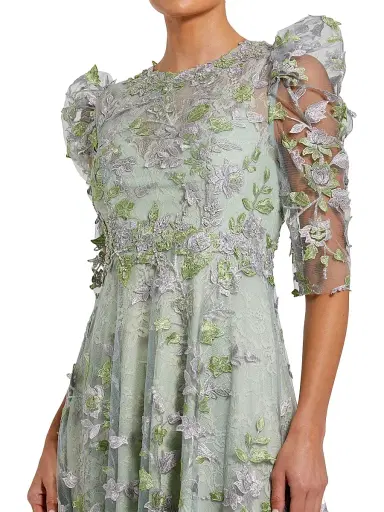 Mac Duggal Women's Floral Appliqué Puff-Sleeve Maxi Dress - Sage | Thumbnail 3 Mac Duggal Women's Floral Appliqué Puff-Sleeve Maxi Dress - Sage | Thumbnail 3