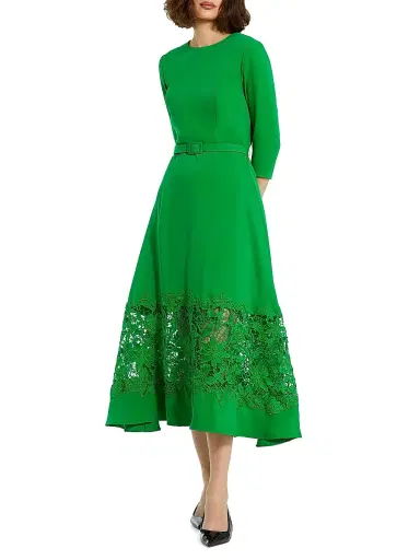 Mac Duggal Women's Crepe Lace Belted Midi-Dress - Spring Green | Thumbnail 3 Mac Duggal Women's Crepe Lace Belted Midi-Dress - Spring Green | Thumbnail 3