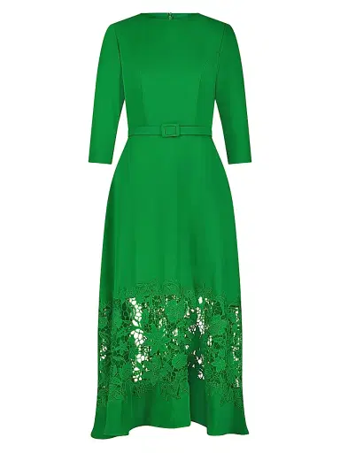 Mac Duggal Women's Crepe Lace Belted Midi-Dress - Spring Green | Thumbnail 1 Mac Duggal Women's Crepe Lace Belted Midi-Dress - Spring Green | Thumbnail 1