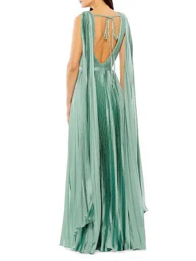 Mac Duggal Women's Pleated Charmeuse Cape A-Line Gown - Sage | Thumbnail 2 Mac Duggal Women's Pleated Charmeuse Cape A-Line Gown - Sage | Thumbnail 2
