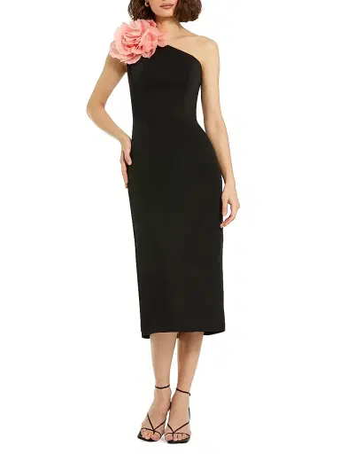 Mac Duggal Women's One-Shoulder Floral Appliqué Midi-Dress - Black | Thumbnail 3 Mac Duggal Women's One-Shoulder Floral Appliqué Midi-Dress - Black | Thumbnail 3