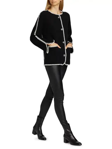 Saks Fifth Avenue Women's Whipstitch-Trim Cashmere Cardigan - Black Frost White | Thumbnail 2 Saks Fifth Avenue Women's Whipstitch-Trim Cashmere Cardigan - Black Frost White | Thumbnail 2