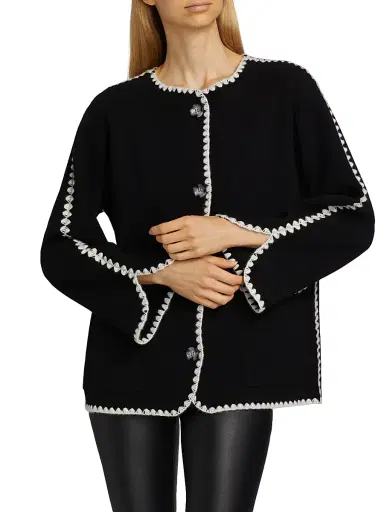 Saks Fifth Avenue Women's Whipstitch-Trim Cashmere Cardigan - Black Frost White | Thumbnail 3 Saks Fifth Avenue Women's Whipstitch-Trim Cashmere Cardigan - Black Frost White | Thumbnail 3